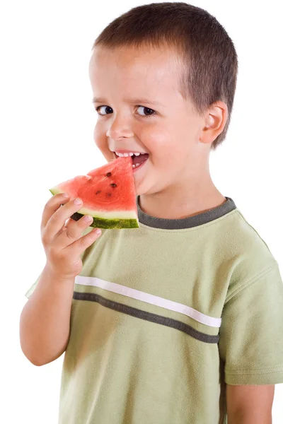 Αγόρι με φέτα καρπούζι — Stockfoto