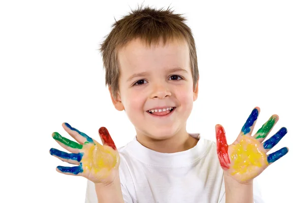 Rapazes felizes com as mãos pintadas — Fotografia de Stock