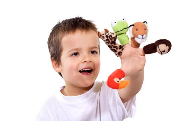 Happy boy with finger puppets — Stock Photo, Image