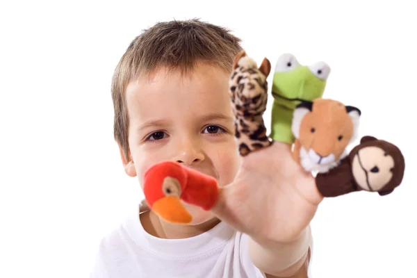 Pojke med finger puppets — Stockfoto