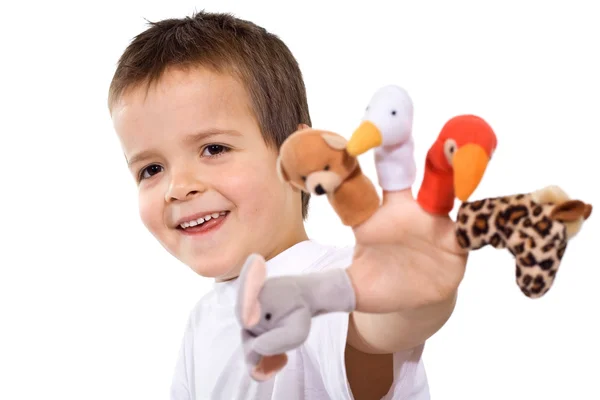 Щасливий хлопчик з ляльками — стокове фото