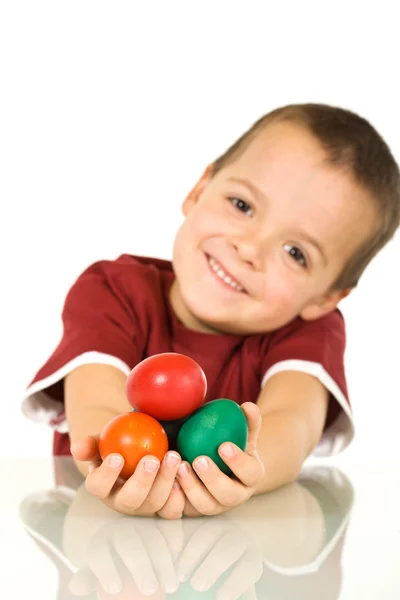 Happy easter boy with eggs — Stock Photo, Image