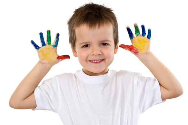 Rapaz feliz com as mãos pintadas - isolado — Fotografia de Stock