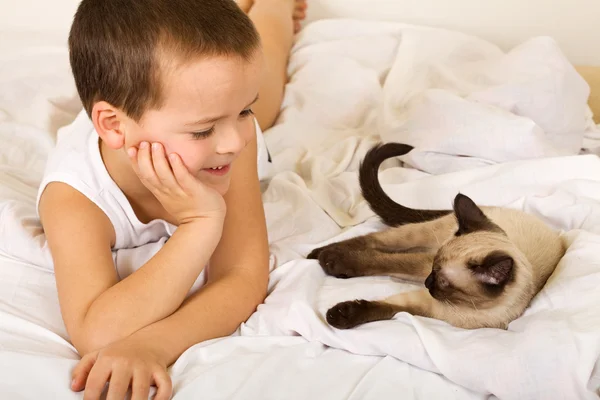 Liten pojke umgås med sin kattunge — Stockfoto