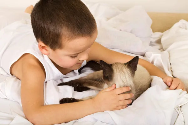 Petit garçon caressant son chaton au lit — Photo