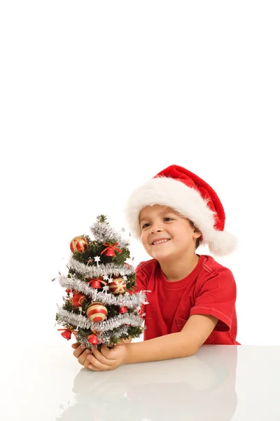 Ευτυχισμένο αγόρι με μικρό χριστουγεννιάτικο δέντρο και καπέλο santa — Φωτογραφία Αρχείου