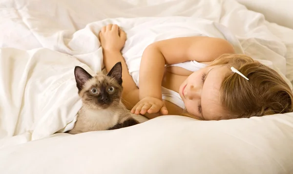 Little girl in bed with her kitten — Stok fotoğraf