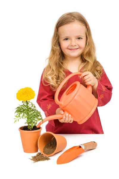 Маленька дівчинка висаджує квіти в горщиках — стокове фото