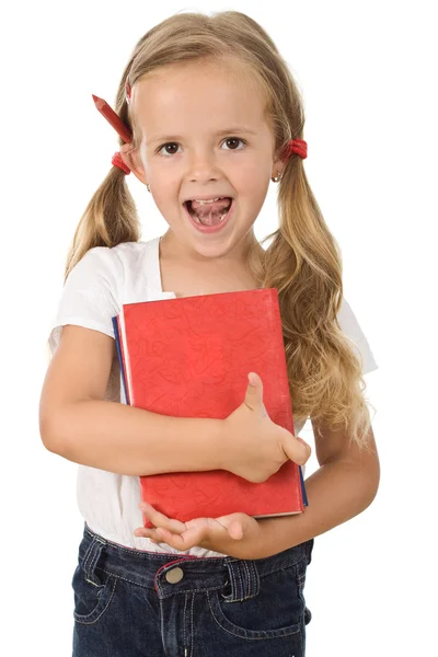 Petite fille préscolaire tenant des livres — Photo