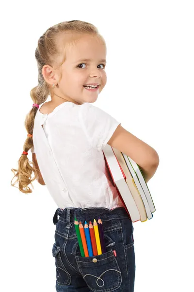 Pequeña chica emocionada preparándose para volver a la escuela —  Fotos de Stock