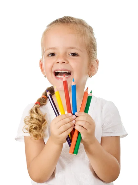 Renkli kalemler ile mutlu küçük kız — Stok fotoğraf