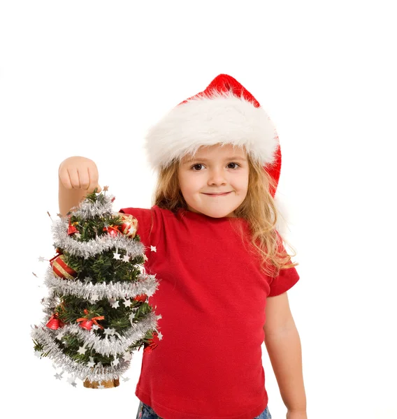 Κοριτσάκι που κρατάει το μικρό χριστουγεννιάτικο δέντρο — Φωτογραφία Αρχείου
