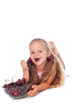 Healthy seasonal fruit snack - little girl with summer cherries clipart