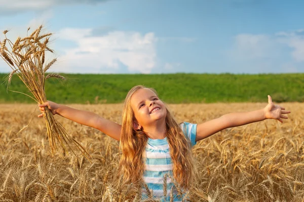Gyllene hår flicka i vete fält — Stockfoto