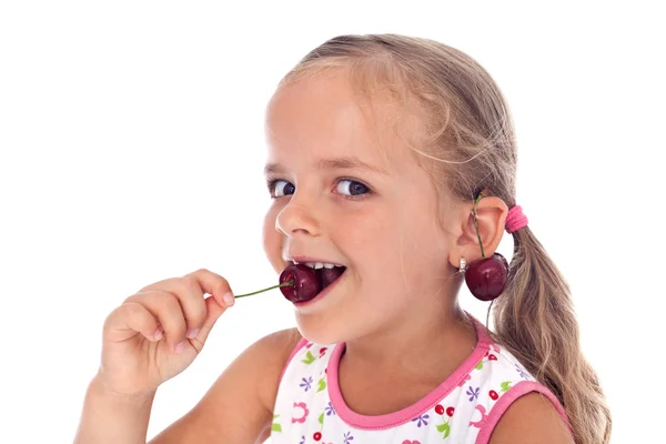 Little happy girl with cherry earrings — Stock Photo, Image