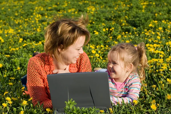 Happy woman and little girl relaxing outdoors — Stock Photo, Image