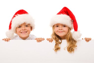 Happy christmas kids with white sign - isolated clipart