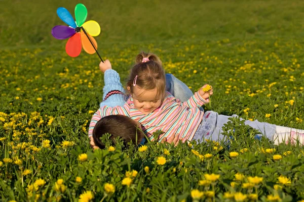 Kids wrestling on the flower field — Stock Photo, Image