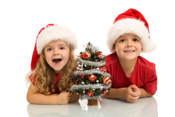 Kids with small decorated tree at christmas time — Stock Photo, Image