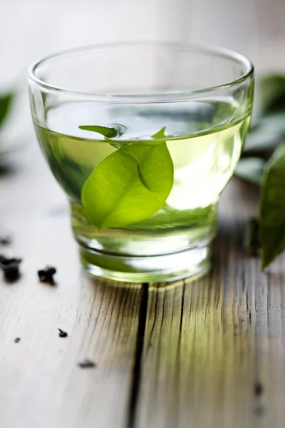 Primer plano del té verde seco, y una taza con té verde fresco — Foto de Stock