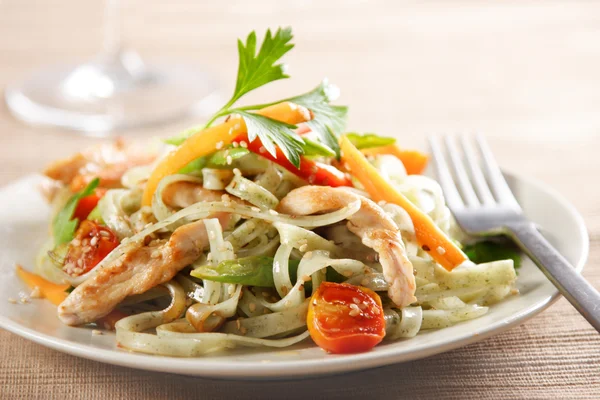 Noodles and chicken or turkey stirfry — Stock Photo, Image