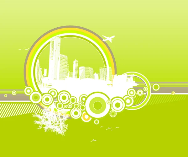 City and nature with circles on green background. — Stock Vector