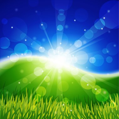 Meadow with sun and blue sky. clipart