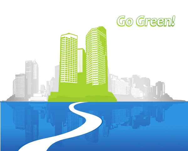 Illustrazione con città verde con acqua . — Vettoriale Stock