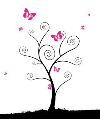 karikatür ağacının grup pink butterflyes.