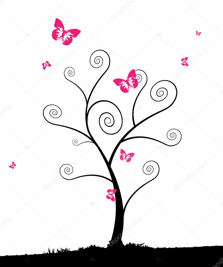 Cartoon tree with group of pink butterflyes.