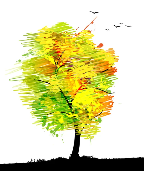 Φθινόπωρο χρωματιστά δέντρο με τα πουλιά. — Διανυσματικό Αρχείο