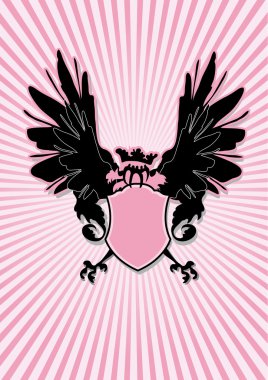 Shield with black wings on pink rays background clipart