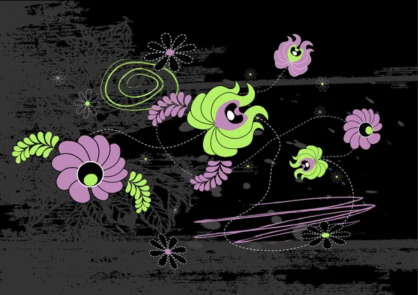 黑色背景上的绿色和紫色的花。矢量艺术 — 图库矢量图片