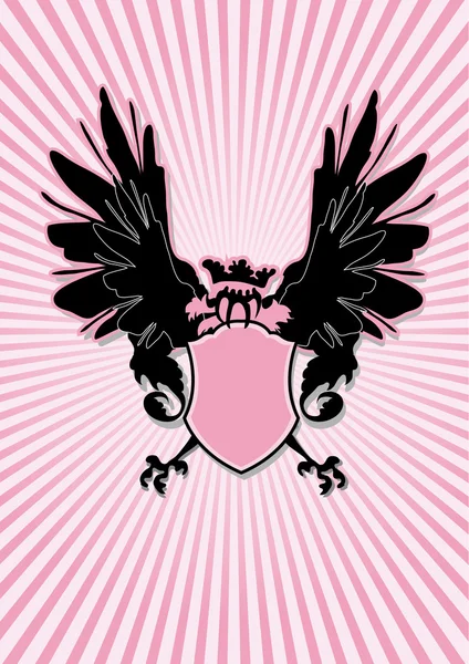 Escudo com asas pretas em fundo de raios rosa — Vetor de Stock