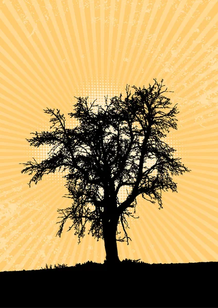 Μοναχικό δέντρο με φόντο κίτρινο ακτίνες. διάνυσμα. — Διανυσματικό Αρχείο
