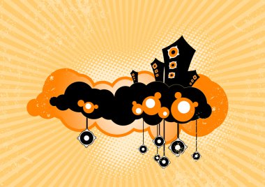 Stylish speakers floating on clouds. Vector art. clipart