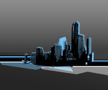 Black city with blue silhouette. Vector clipart