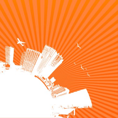 Silhouette of city with sunrise on orange background. Vector art. clipart