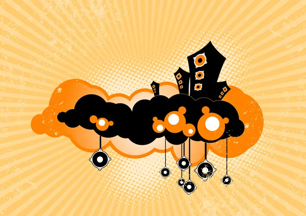 Haut-parleurs élégants flottant sur les nuages. Art vectoriel . — Image vectorielle