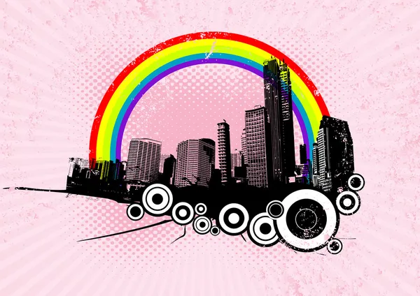 Retro city with rainbow. Vector art. — Stock Vector