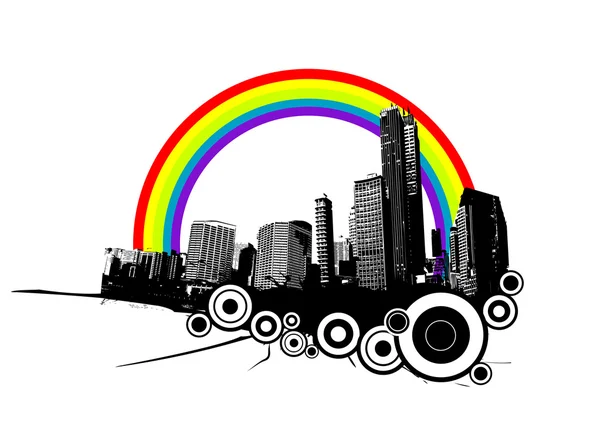 stock vector Retro city with rainbow. Vector art.