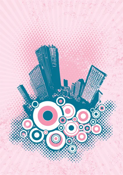 粉红色 grunge 背景上的蓝色城市剪影。矢量艺术. — 图库矢量图片
