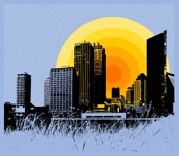 Stadt mit Sonnenuntergang. Vektorkunst. — Stockvektor