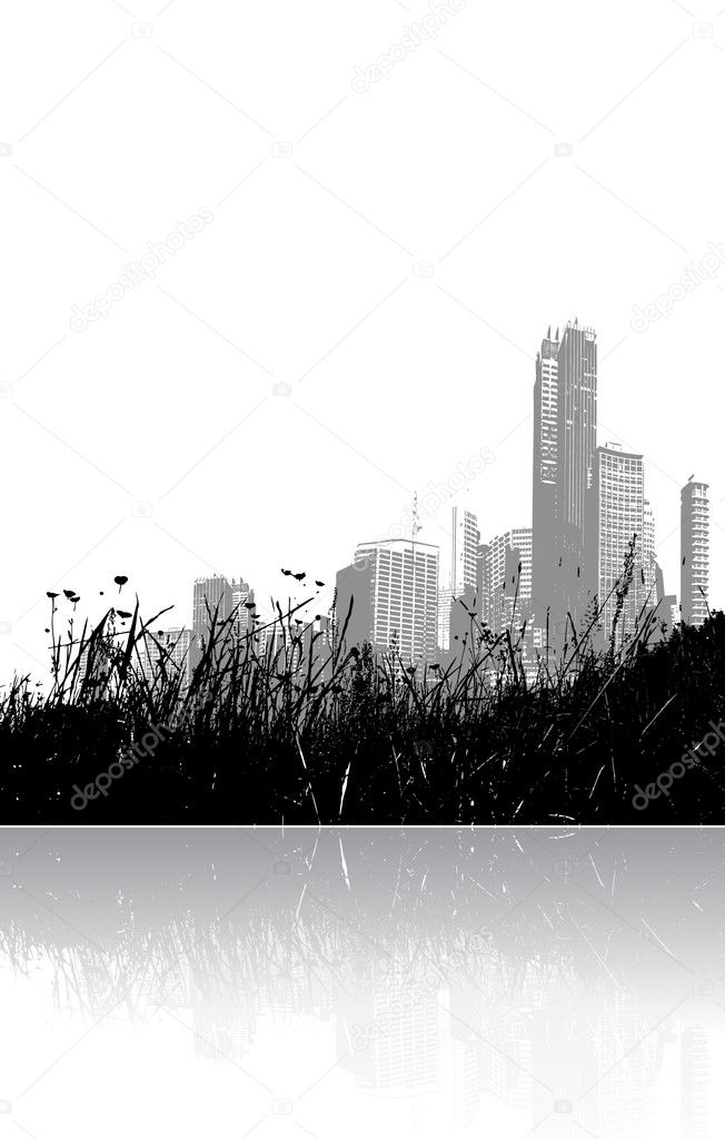 Grass reflected in the water with cityscape on the background. Vector