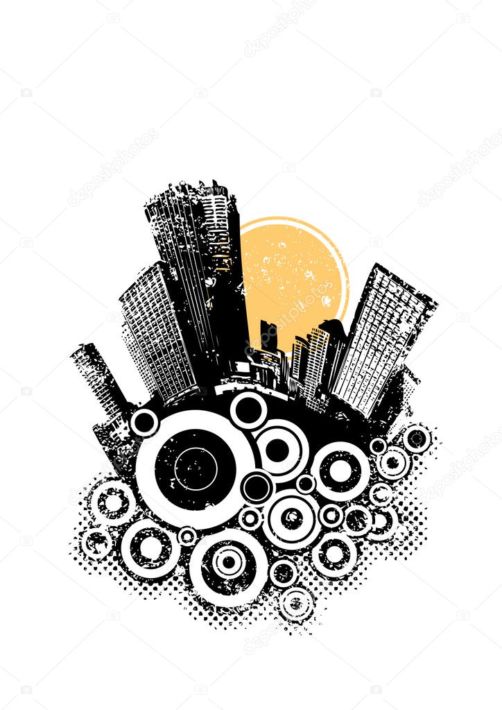 Black city with circles with sun. Vector art.
