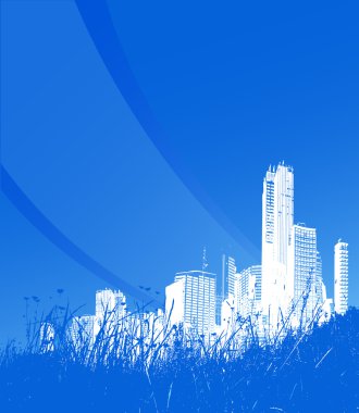 White city with grass and blue background. Vector art clipart