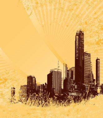 Silhouette of brown city on yellow grunge background. Vector art. clipart