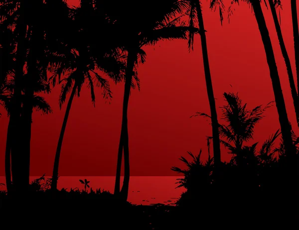 Palmiers sur la plage avec ciel rouge et mer. Vecteur — Image vectorielle