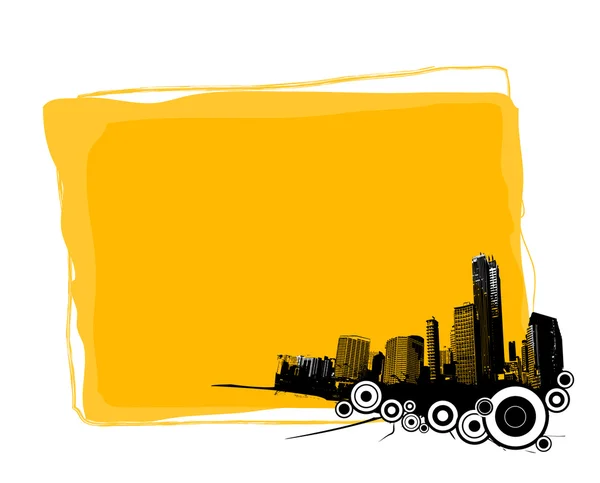 Gelbe Tafel mit Stadtsilhouette in der Ecke. Vektor — Stockvektor