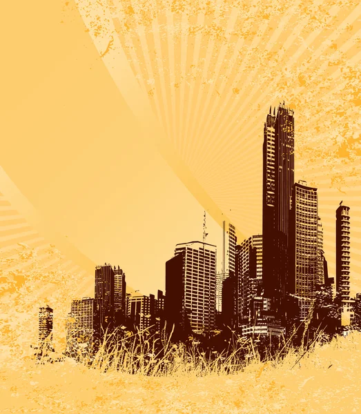 Silhouette de ville brune sur fond jaune grunge. Art vectoriel . — Image vectorielle